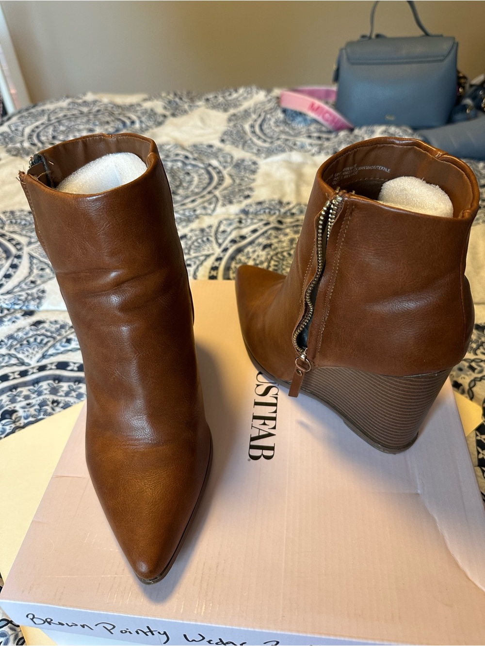 JustFab Brown Pointed Wedge Ankle Boots